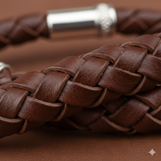 A detailed macro shot of a premium 8-ply braided genuine leather bolo cord, showcasing the intricate weave and quality craftsmanship.
