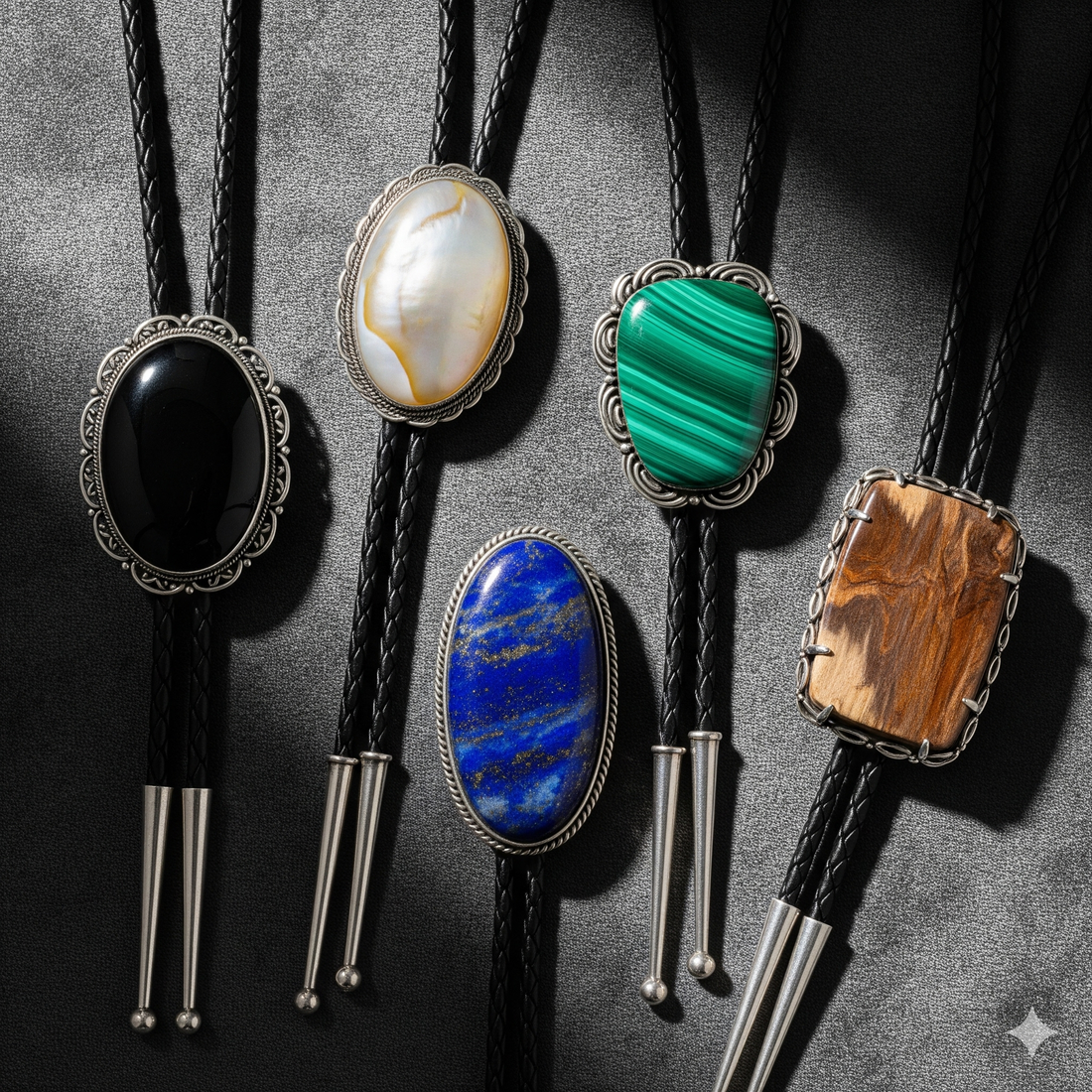 A luxurious flat lay of five unique bolo ties for a formal wedding, featuring Black Onyx, Mother-of-Pearl, Malachite, Lapis Lazuli, and Petrified Wood.