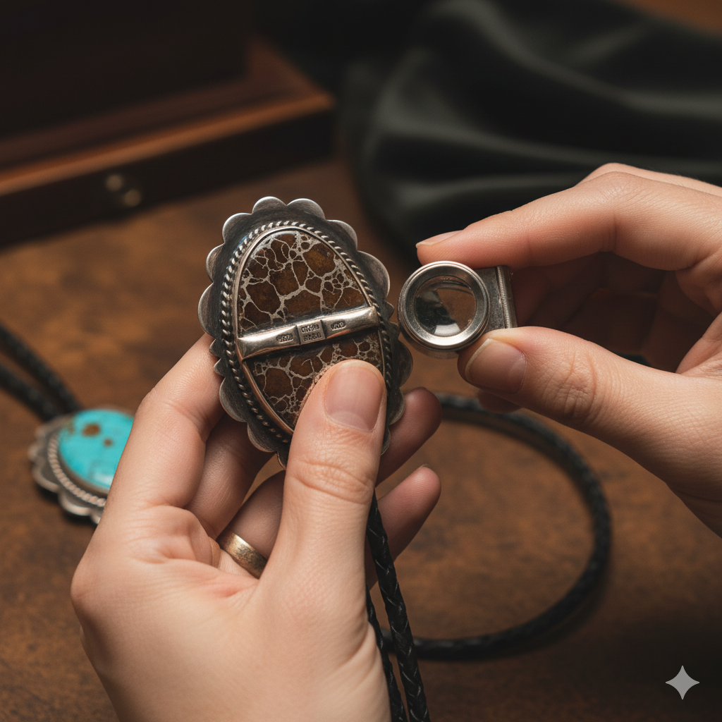 Expert hands examining the back of a vintage bolo tie with a jeweler's loupe for authentication.