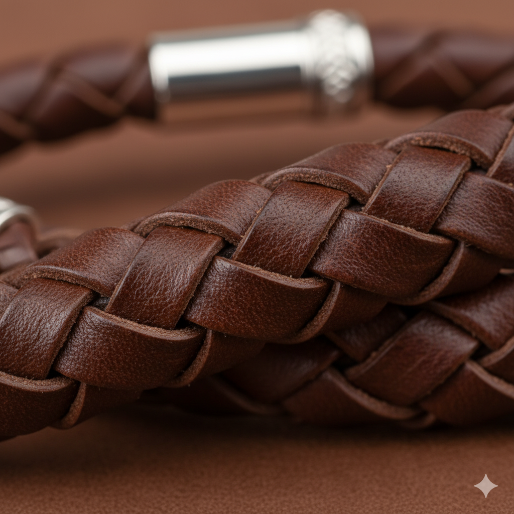 Close-up of a brown braided bolo cord with a silver-tone metal tip.