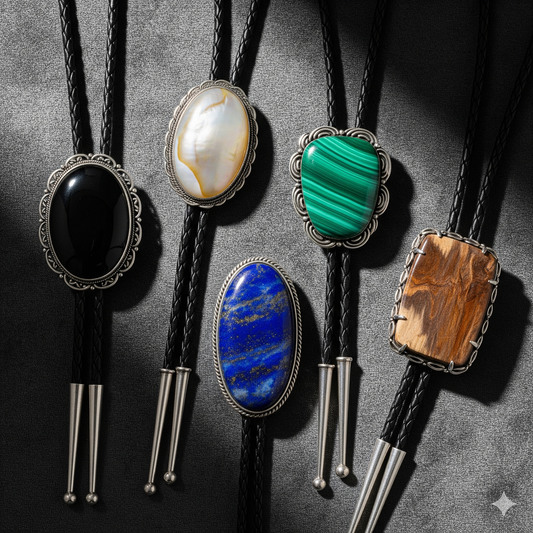 A luxurious flat lay of five unique bolo ties for a formal wedding, featuring Black Onyx, Mother-of-Pearl, Malachite, Lapis Lazuli, and Petrified Wood.
