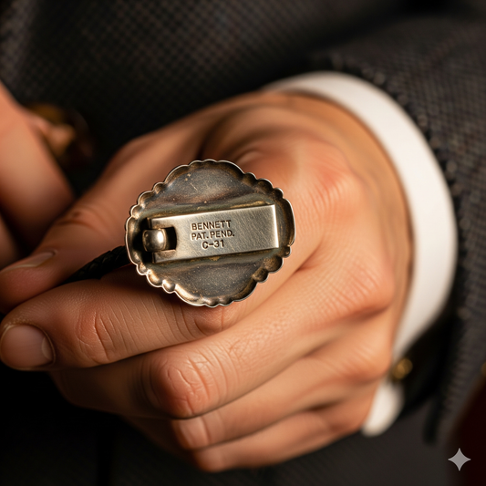 A macro close-up of an expert inspecting the back of a vintage bolo tie, showing the Bennett Pat. Pend. C-31 clasp, a mark of authenticity.