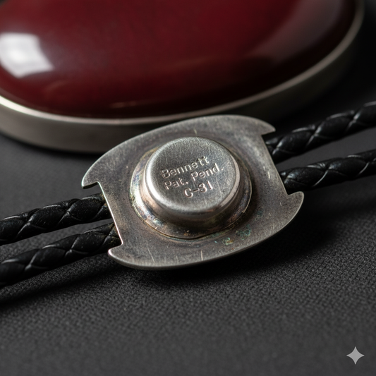 A macro photo of the 'Bennett Pat. Pend. C-31' marking on a vintage bolo tie clasp, used by collectors for dating.