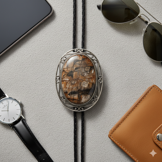 Elegant flat lay showing a vintage bolo tie styled with modern accessories, blending history with contemporary fashion.