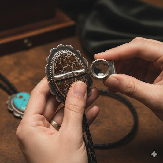 Expert hands examining the back of a vintage bolo tie with a jeweler's loupe for authentication.
