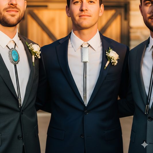 Three groomsmen in tailored suits display their coordinated, yet unique, bolo ties at a rustic wedding.