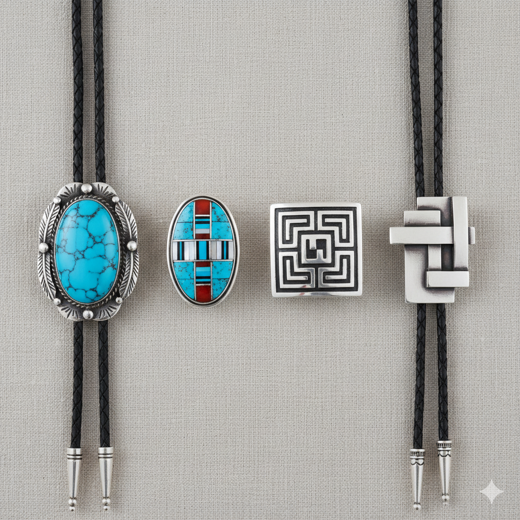 An editorial flat lay of four distinct bolo tie slides: a classic Navajo turquoise piece, an intricate Zuni inlay, a minimalist Hopi overlay, and a modern silver design.