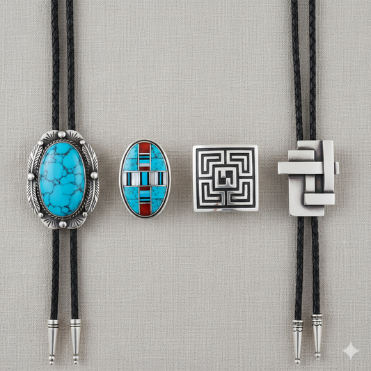 An editorial flat lay of four distinct bolo tie slides: a classic Navajo turquoise piece, an intricate Zuni inlay, a minimalist Hopi overlay, and a modern silver design.
