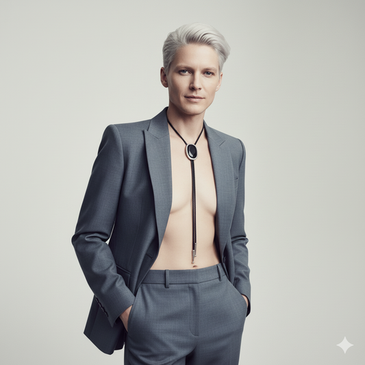 A stylish person confidently wearing a modern silver bolo tie with a designer suit, embodying contemporary bolo tie fashion.