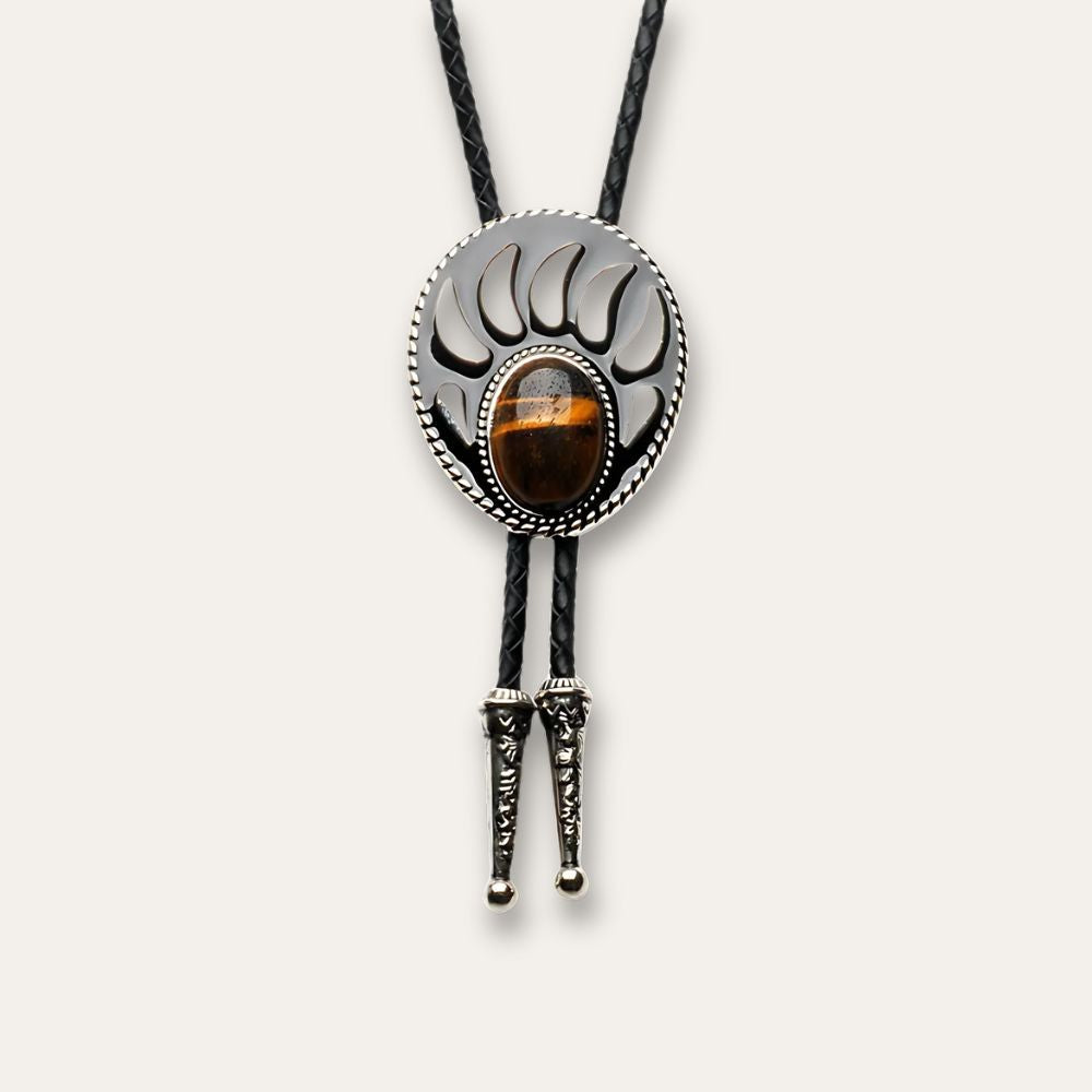 Bear paw bolo tie, tiger's eye finish