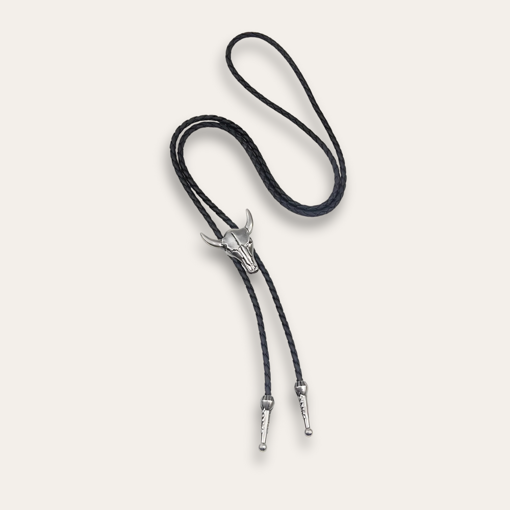 Cow bolo tie, silver finish