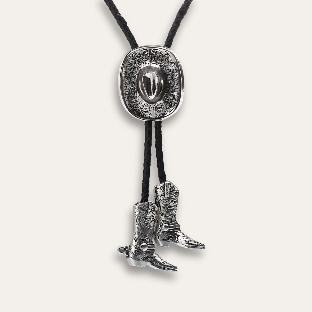 Cowboy boot bolo tie, grey finish