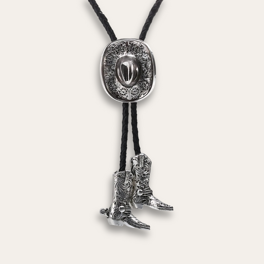 Cowboy Boot and Hat Bolo Tie, grey colorway