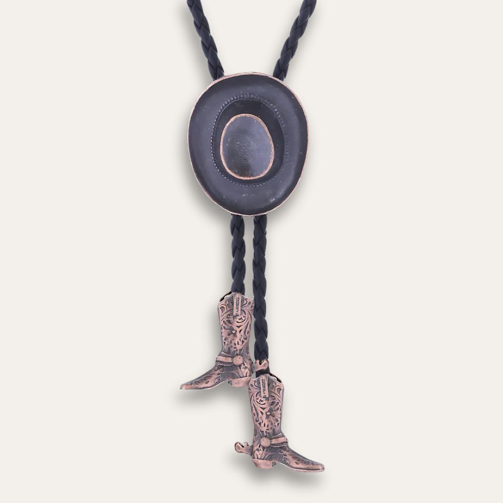 Cowboy boot bolo tie, bronze finish