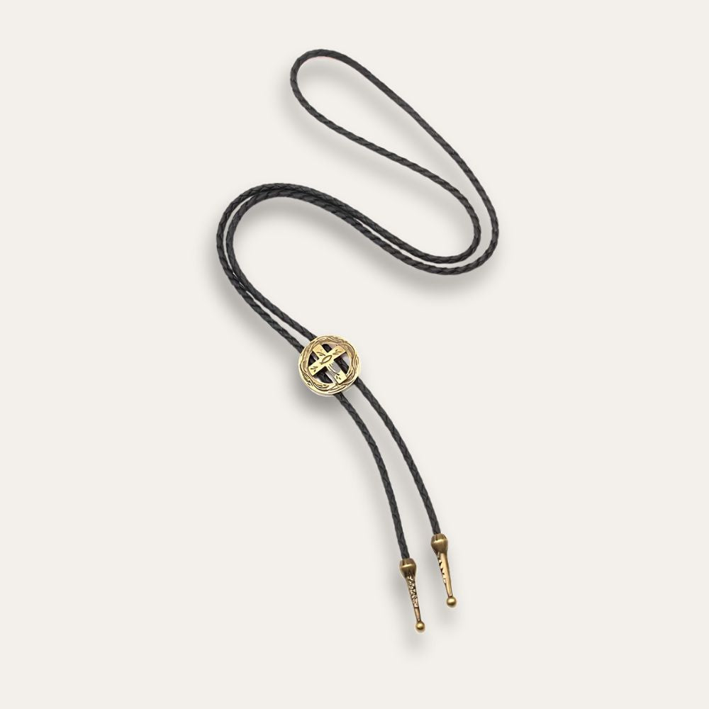 Cross bolo tie, bronze finish