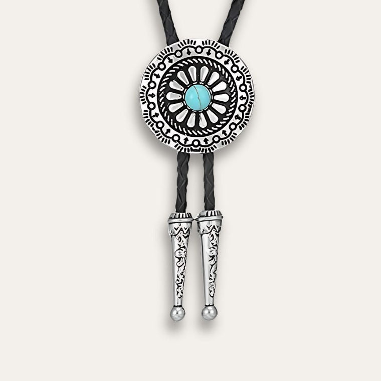 Flower bolo tie, blue finish