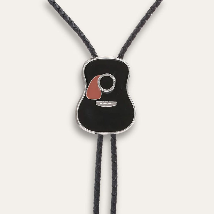Black guitar slide held on the braided cord