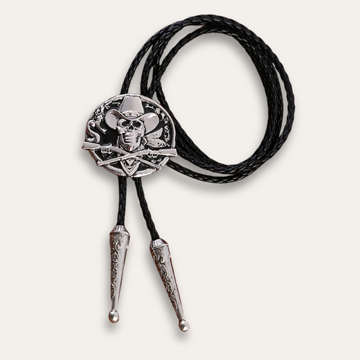 Skull and Crossed Pistols Bolo Tie, black colorway