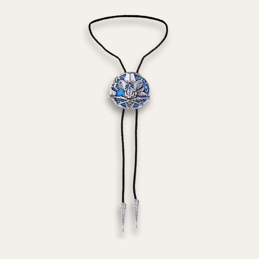 Skull and Crossed Pistols Bolo Tie, blue colorway