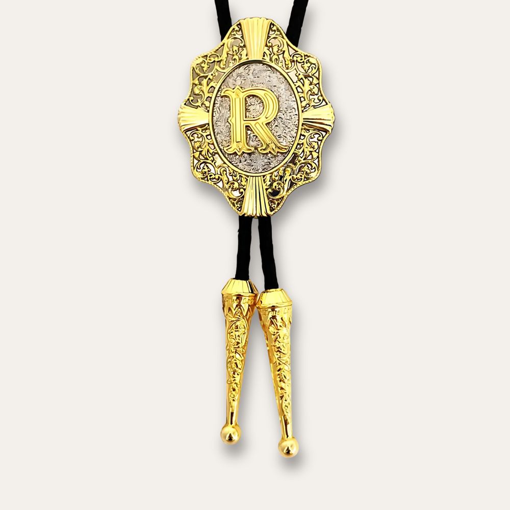Letter bolo tie, r finish