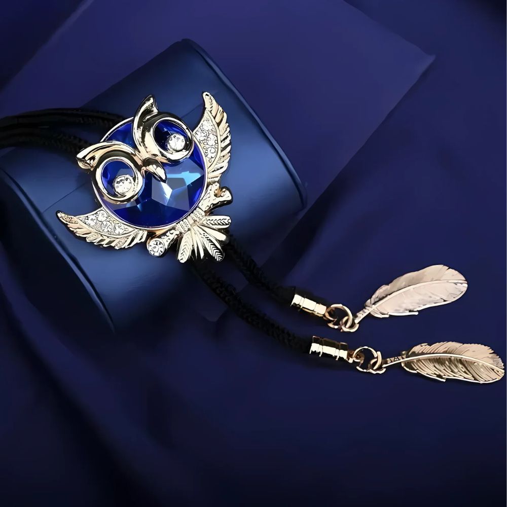 Owl bolo tie, blue finish