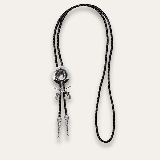 Cowboy Hat and Crossed Revolvers Bolo Tie, silver colorway