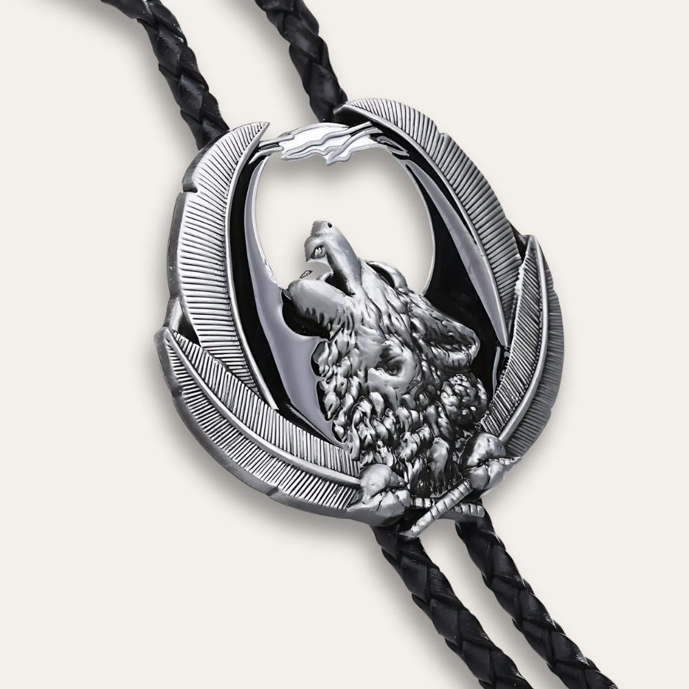 Silver wolf bolo tie