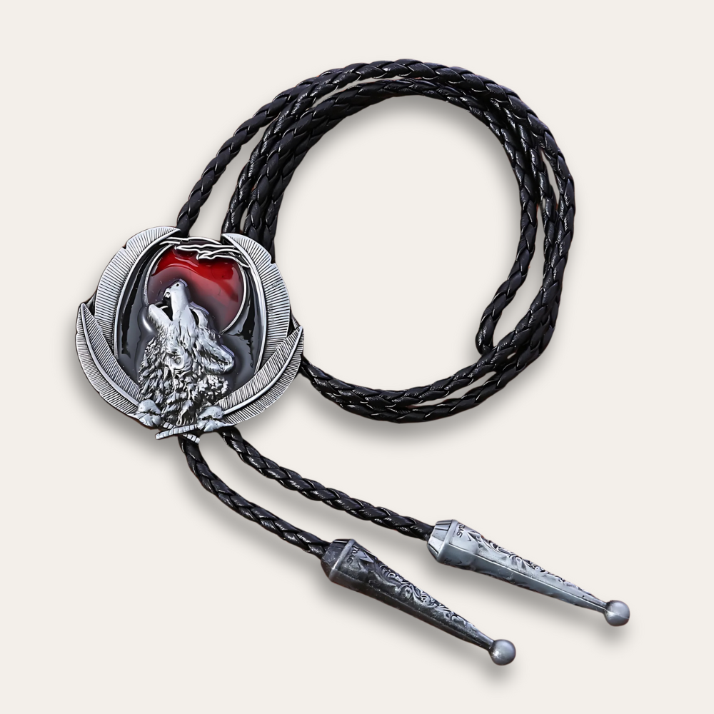 Silver wolf bolo tie, red finish