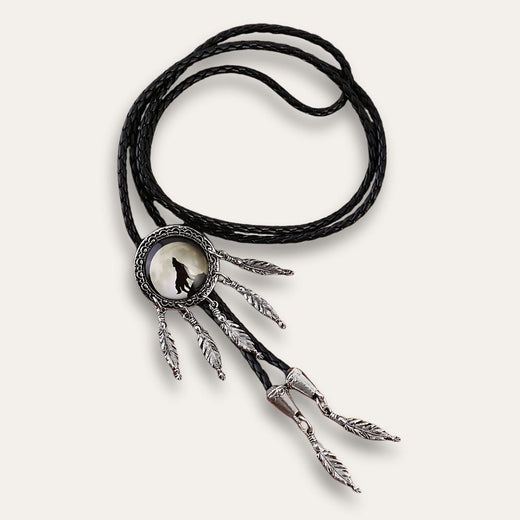Wolf Dreamcatcher Bolo Tie, grey moon colorway