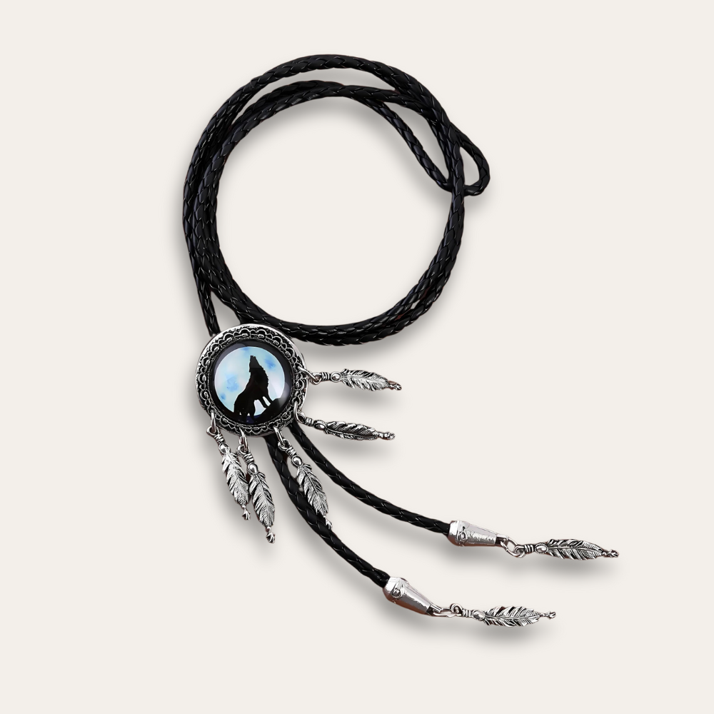 Wolf dreamcatcher bolo tie, blue moon finish