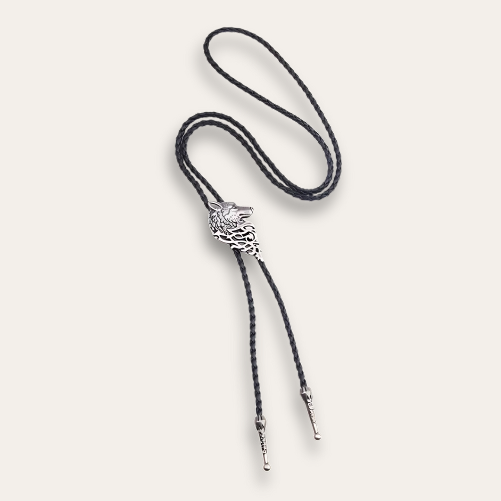 Wolf head bolo tie, silver finish